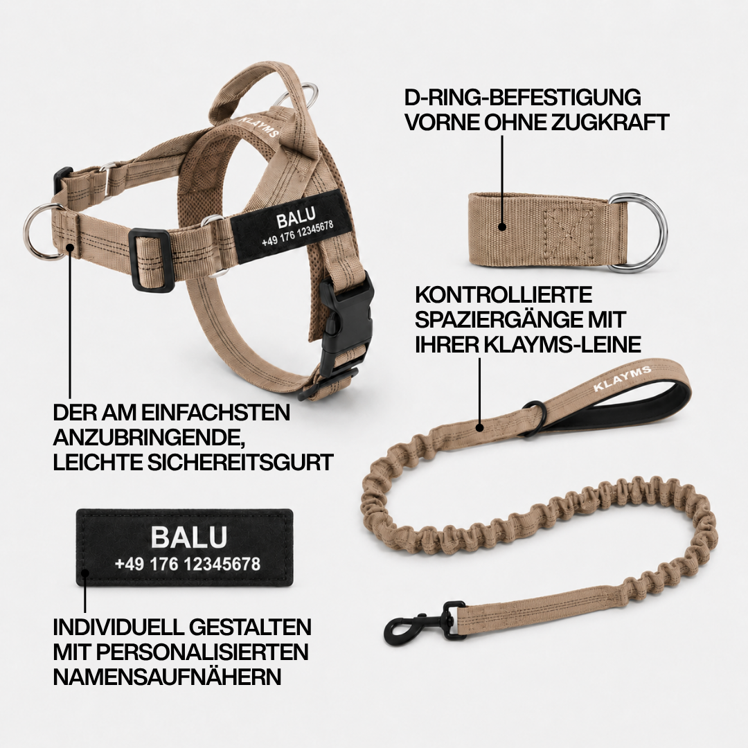 KLAYMS WalkPro – Personalisiertes Anti-Zug Hundegeschirr mit Bungee-Leine