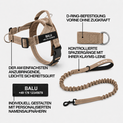 KLAYMS WalkPro – Personalisiertes Anti-Zug Hundegeschirr mit Bungee-Leine